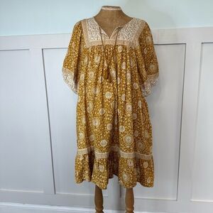 Old Navy Puff-Sleeve Printed Mini Swing Dress XL Mustard Boho Milkmaid Cottage